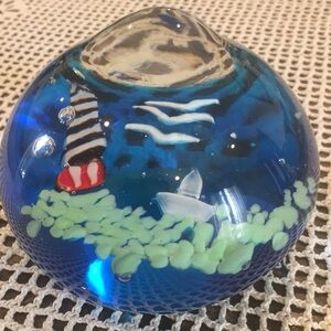 VTG Hand Blown Art Glass Blue Ocean Heavy Paperweight Desk Decor Lighthouse Boat